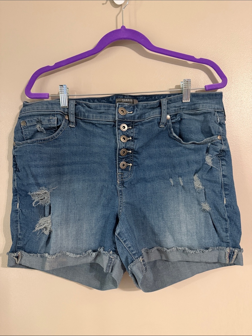 torrid Distressed Mid-Rise Button-Front Denim Shorts - Blue